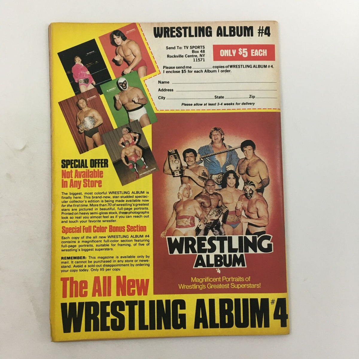 Cover of Inside Wrestling Magazine May 1981 featuring Wrestling Album #4, showcasing wrestlers and promotional offers.