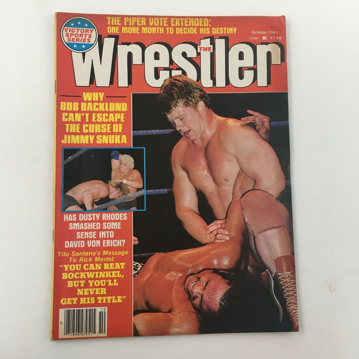Cover of The Wrestler Magazine October 1982, featuring Bob Backlund in a wrestling hold by Jimmy Snuka, with vibrant graphics and headlines highlighting wrestling events.