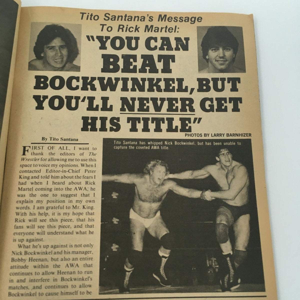 Article titled "Tito Santana's Message to Rick Martel" from The Wrestler Magazine October 1982, discussing wrestling titles and featuring images of wrestlers in action.