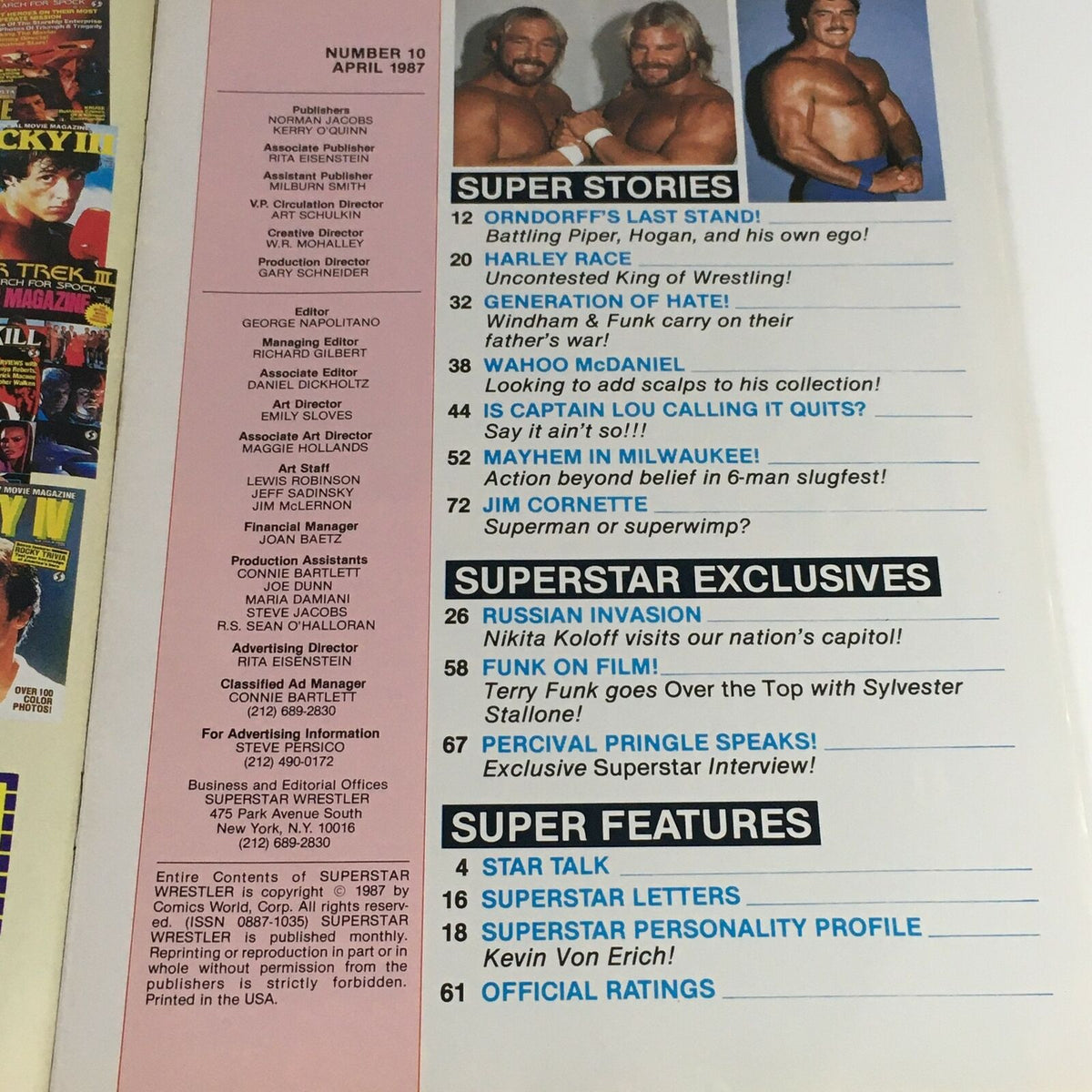 Contents page of Superstar Wrestler Magazine April 1987, listing articles and features including Orndorff's last stand.