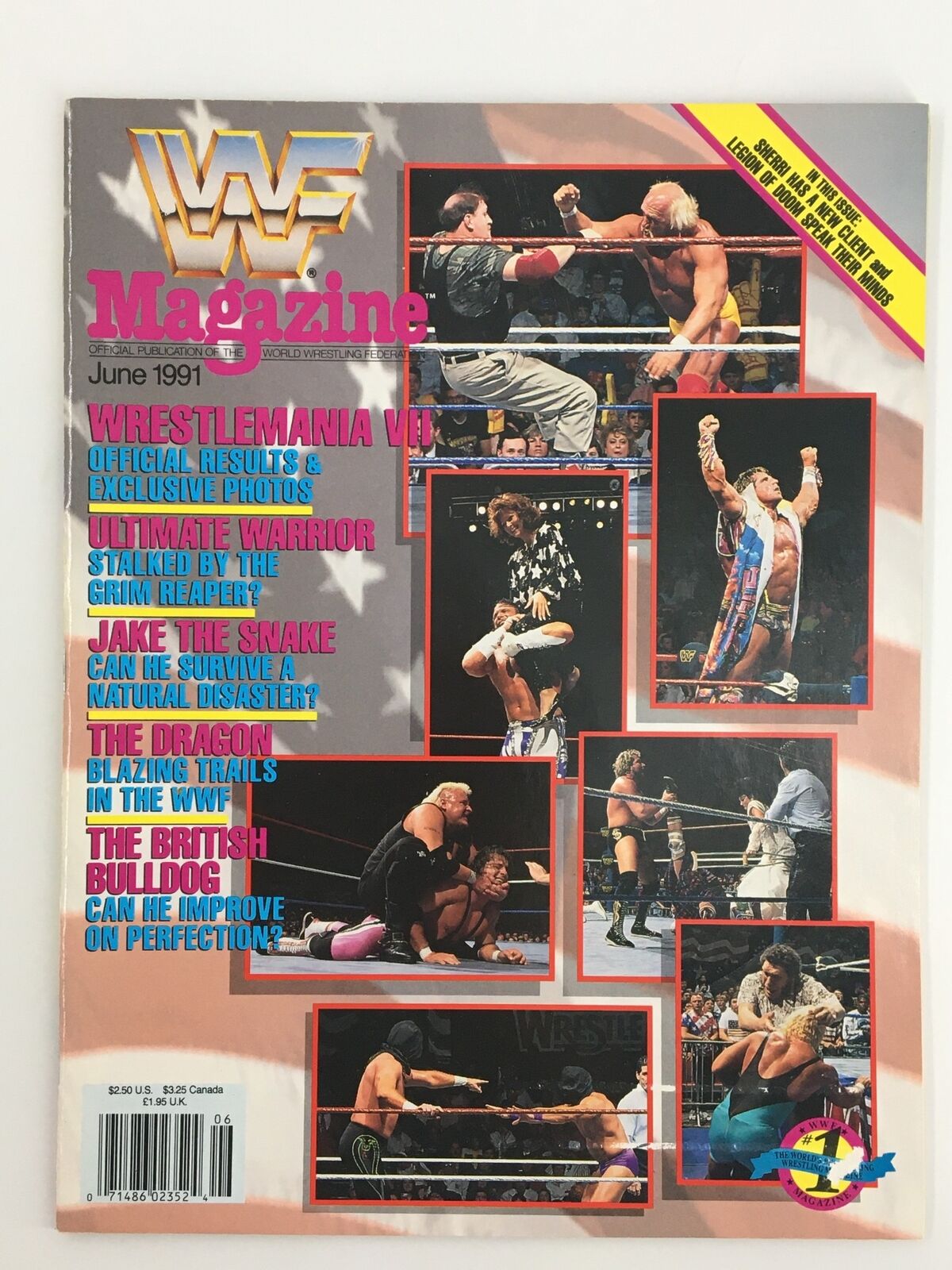 Cover of VTG WWF Magazine June 1991 featuring Hulk Hogan, Ultimate Warrior, and Jake the Snake; highlights WrestleMania VII and exclusive photographs.