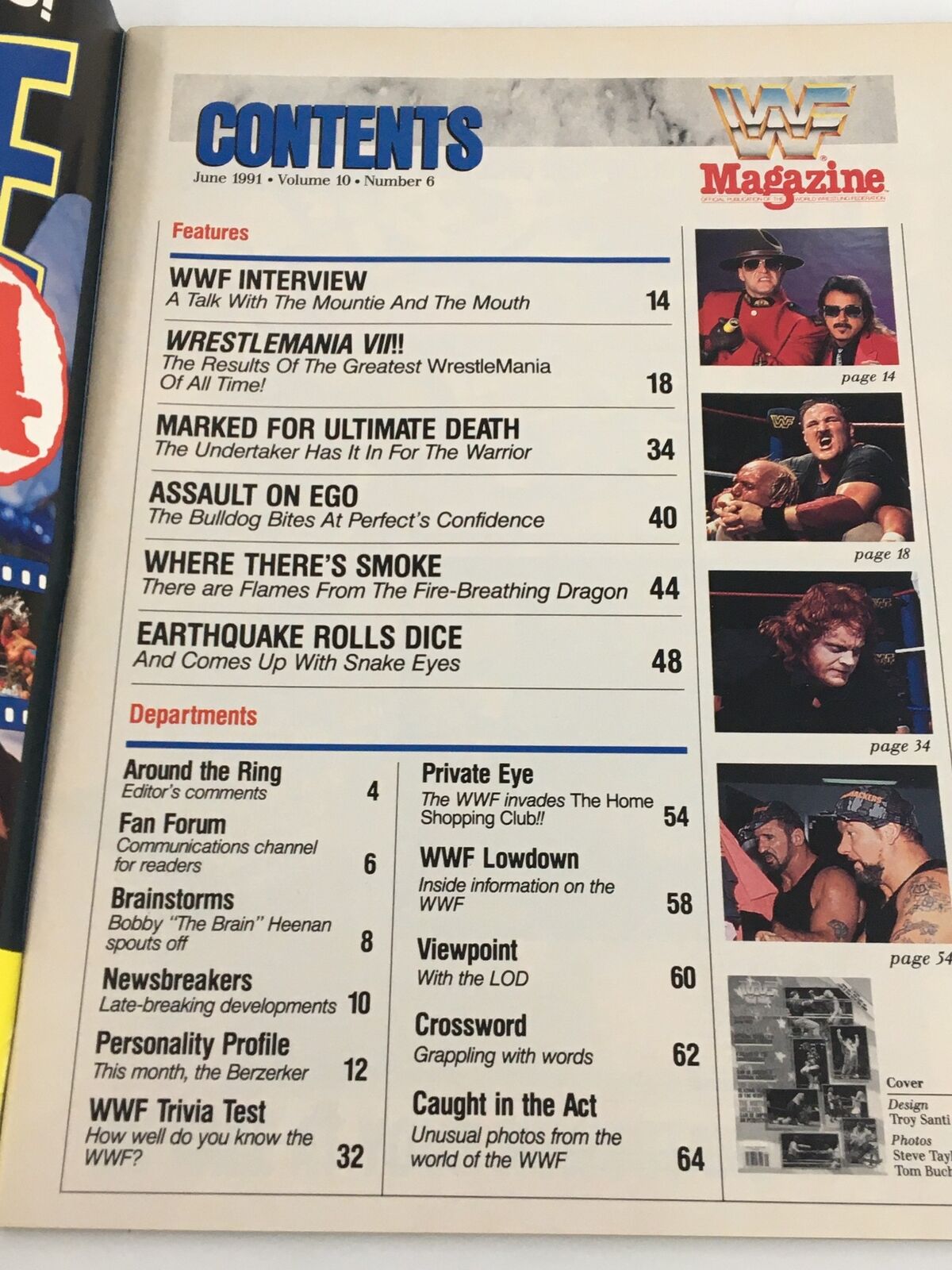 Contents page of VTG WWF Magazine June 1991 detailing featured articles like WrestleMania VII and WWF interview highlights.