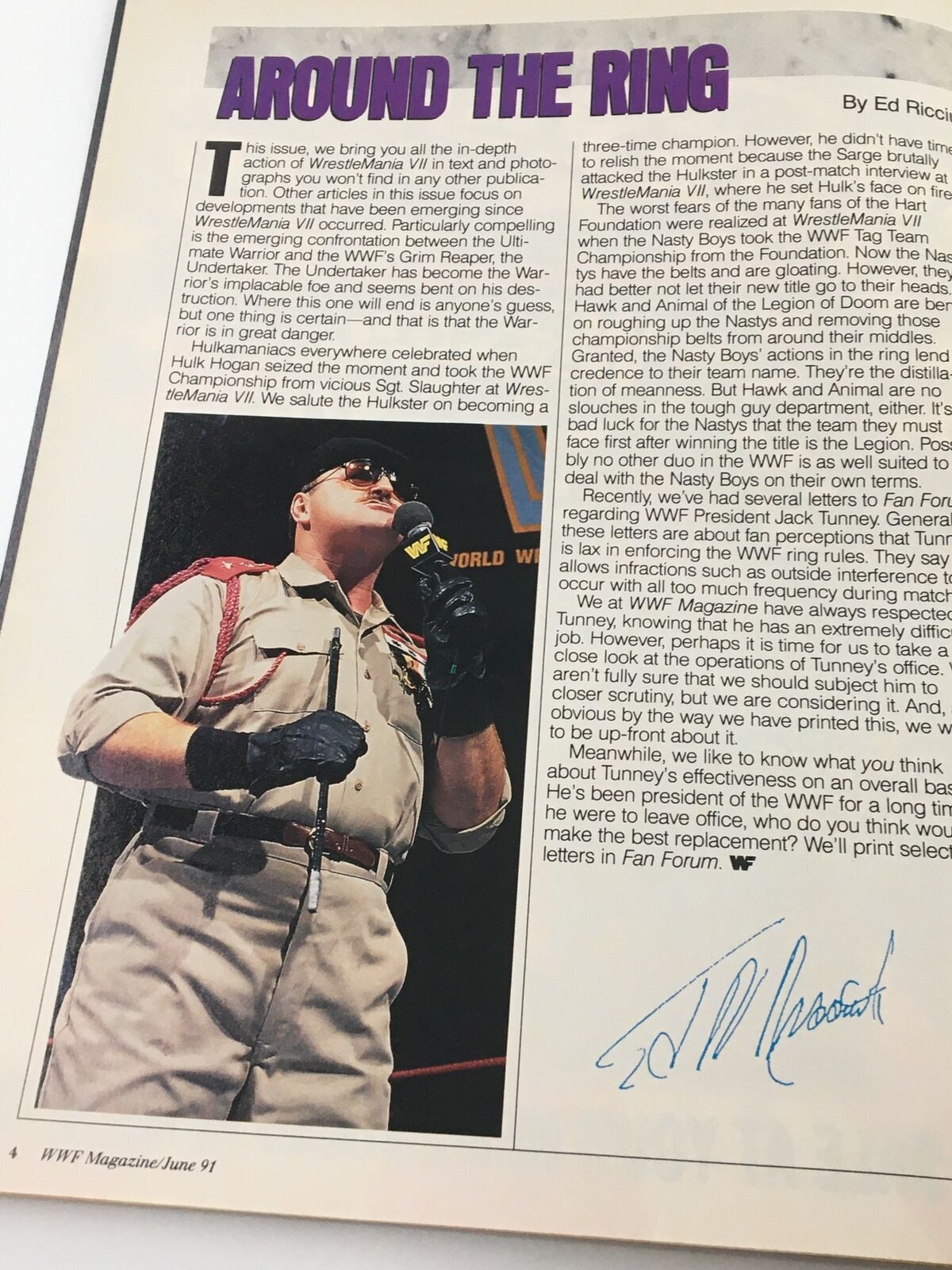 Article 'Around the Ring' from VTG WWF Magazine June 1991 discussing WrestleMania VII and key match commentary with an image of a wrestler.