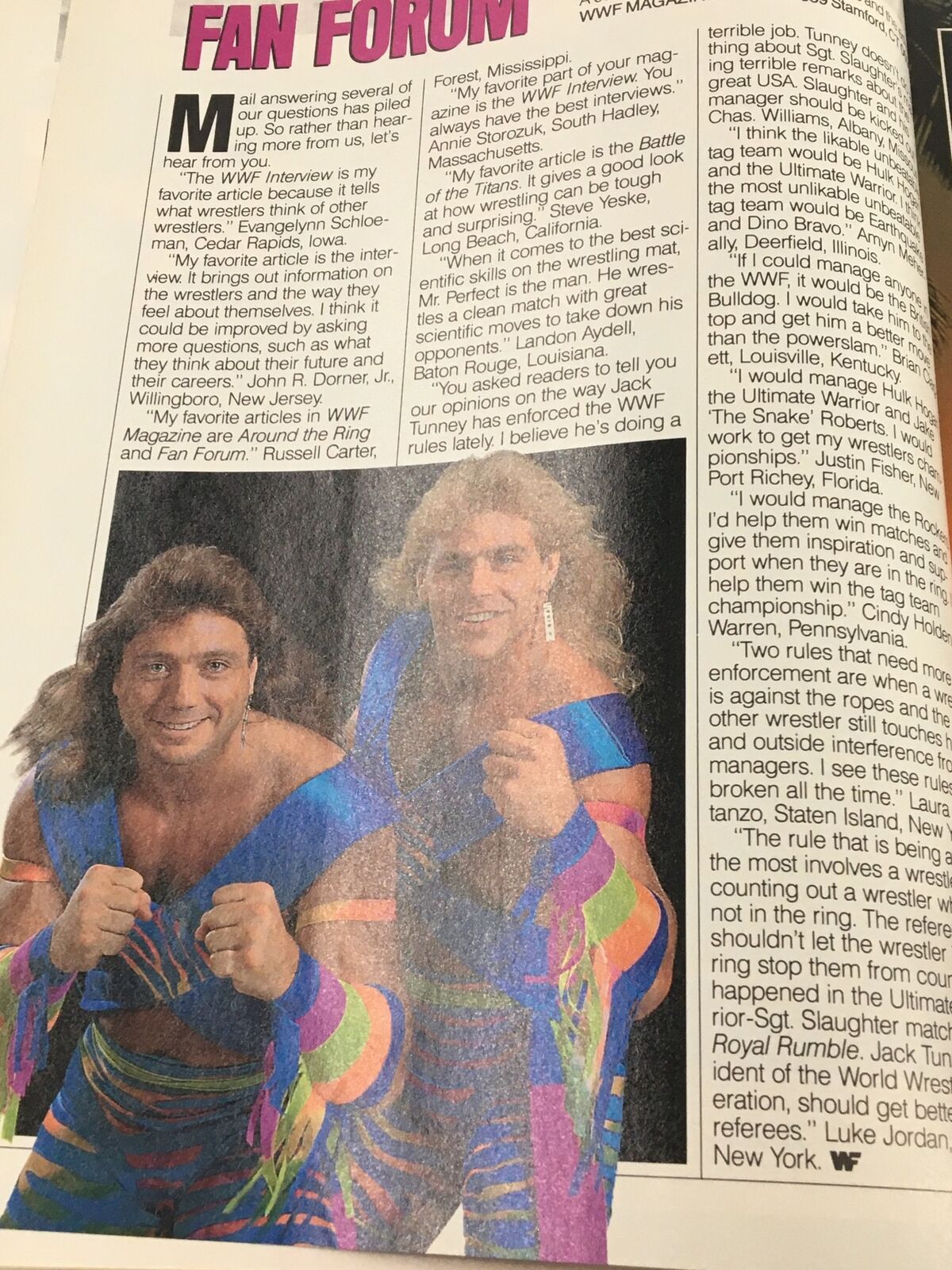 'Fan Forum' page from VTG WWF Magazine June 1991 showcasing reader letters and wrestler commentary, featuring colorful wrestlers in vibrant outfits.