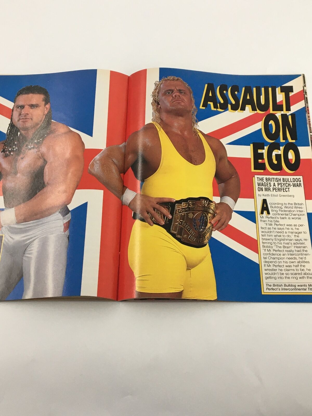 Wrestlers depicted in WWF Magazine June 1991, showcasing the British Bulldog and Mr. Perfect with the Union Jack background, emphasizing their rivalry.