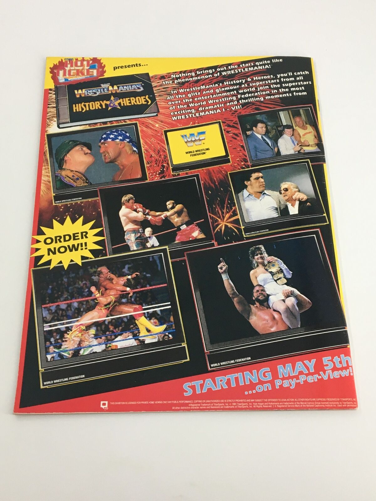 Promotional page from WWF Magazine June 1991 advertising WrestleMania's History and Heroes, featuring famous wrestling match moments and iconic wrestlers from the event.