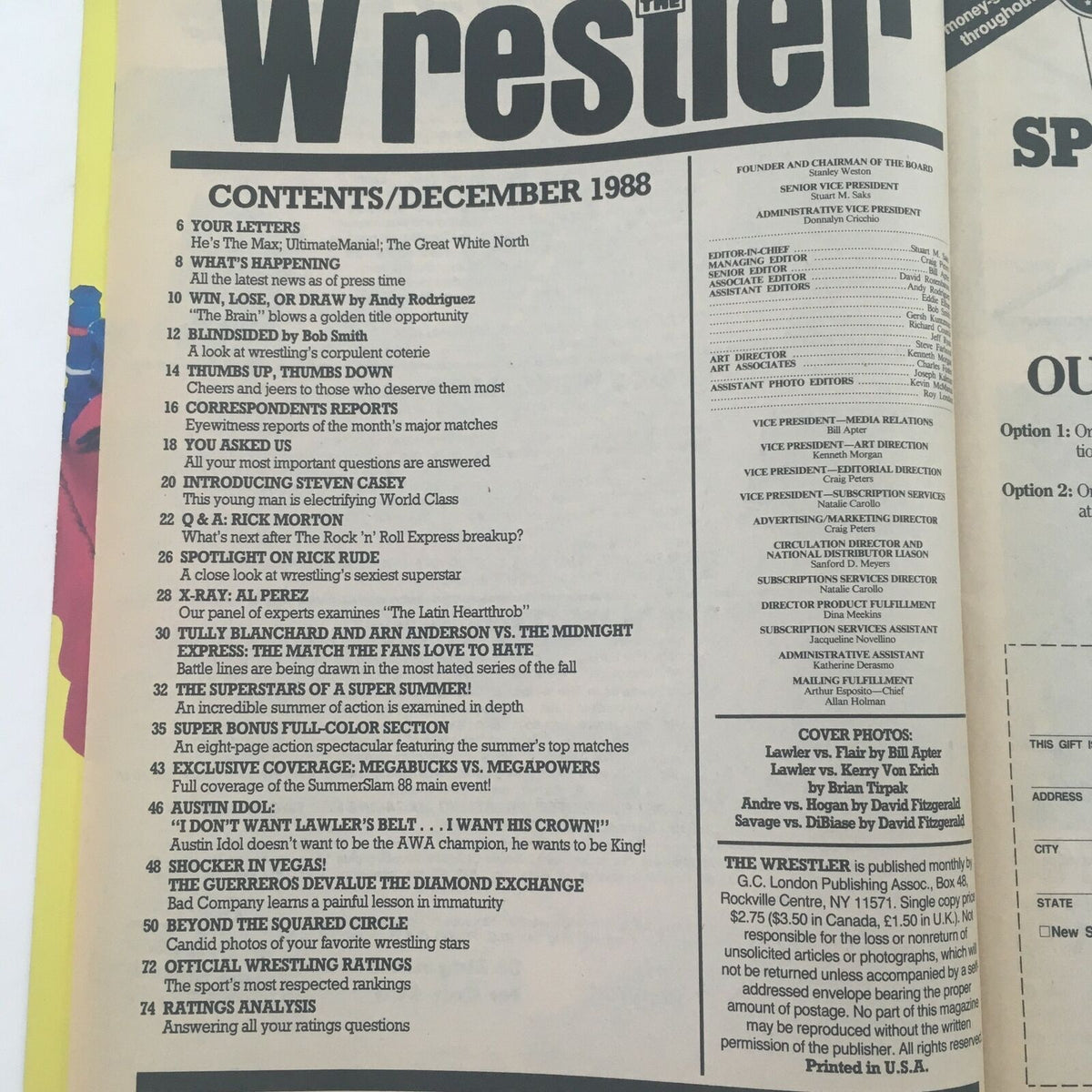 Contents page of The Wrestler Magazine December 1988, detailing articles, interviews, and match highlights from that issue, reflecting the vibrant wrestling culture of the late '80s.