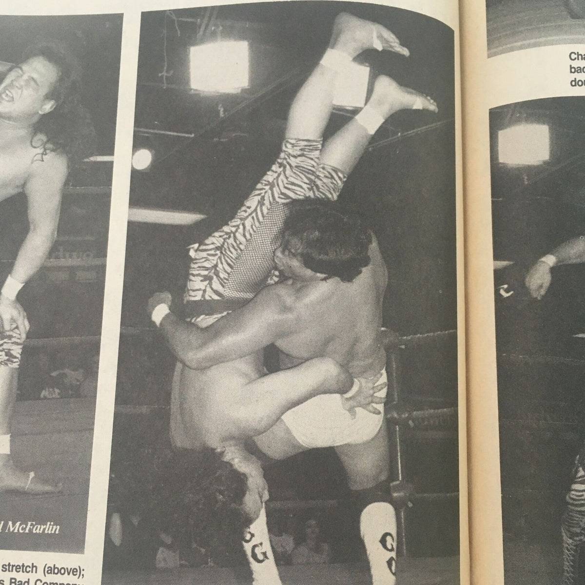 Action photo from The Wrestler Magazine December 1988, depicting a wrestling match scene with two wrestlers engaged in an intense grapple, showcasing the athleticism and drama of professional wrestling.