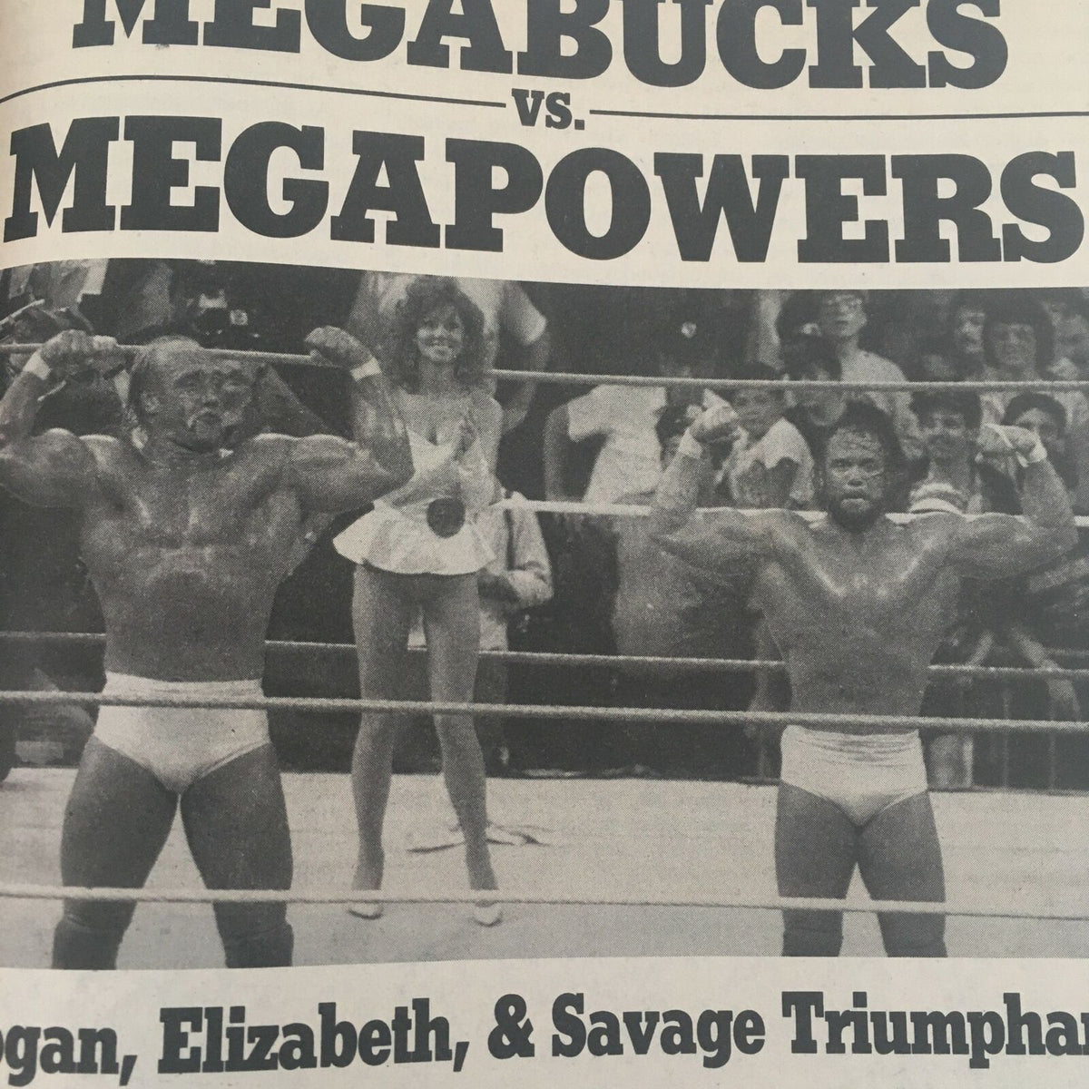 Historic moment from The Wrestler Magazine December 1988 featuring Hulk Hogan and Randy Savage in a wrestling bout, highlighting significant matchups from the era of Megabucks versus Megapowers.