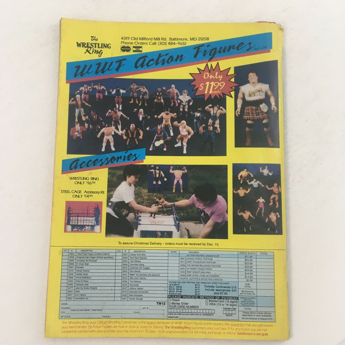 Back cover of The Wrestler Magazine December 1988 displaying wrestling action figures for sale, providing insights into wrestling merchandise available during that time period.