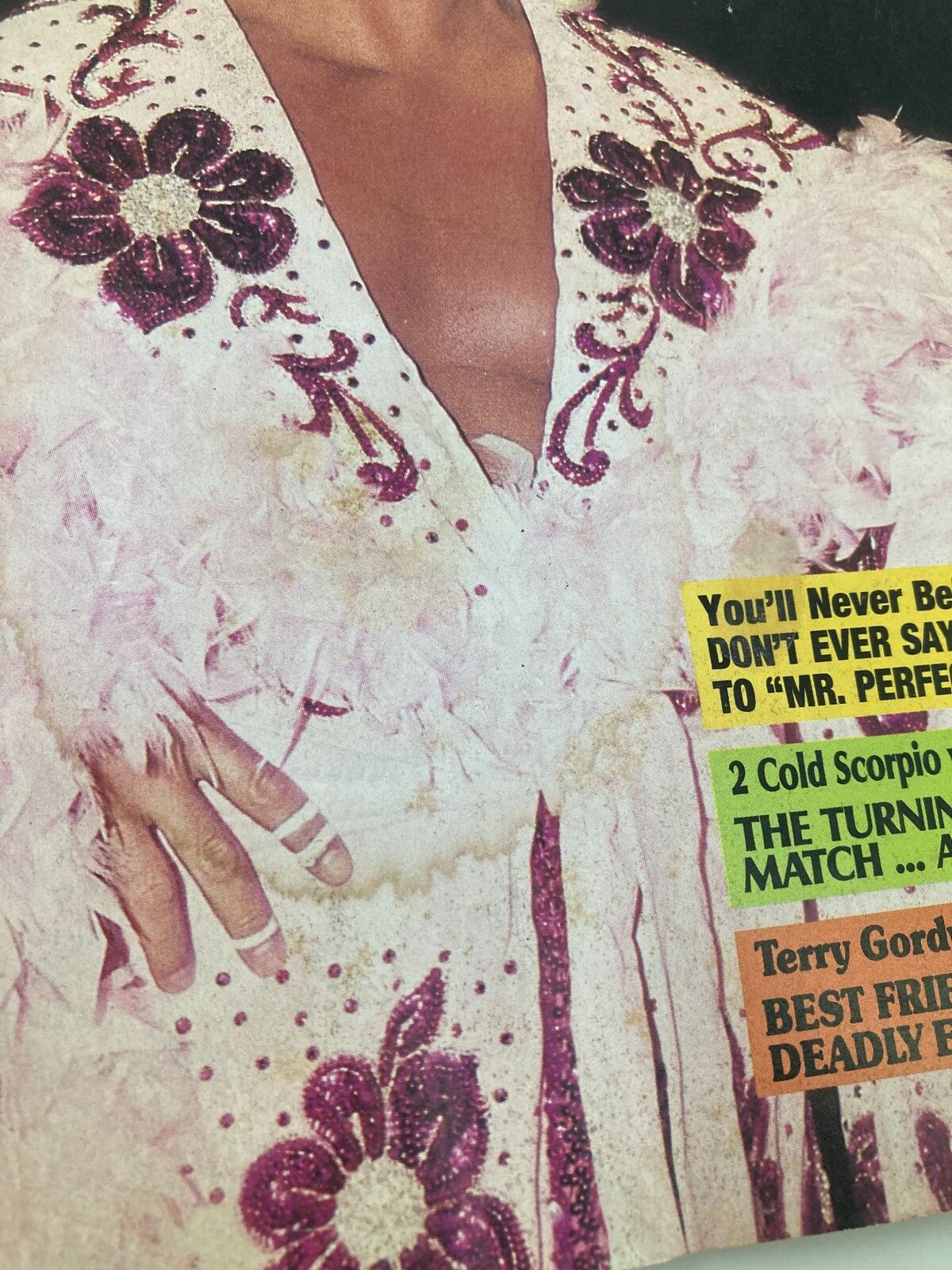 Close-up view of a wrestling costume featured in The Wrestler Magazine October 1993, depicting intricate floral designs and sequins, representing the flamboyant style of professional wrestling.