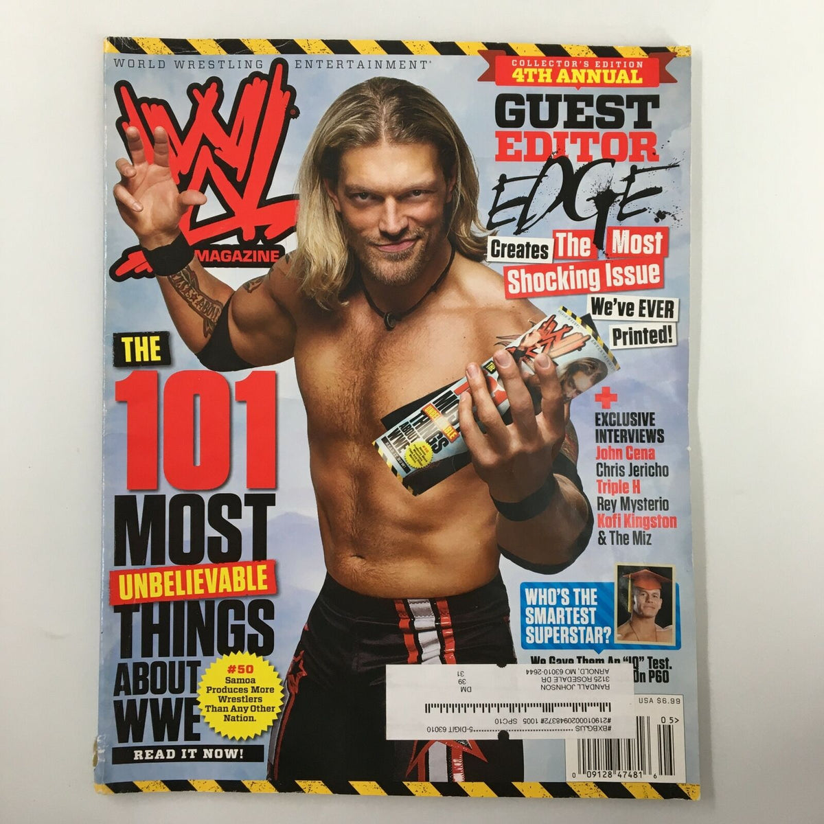 WWE Magazine May 2010 cover featuring Edge as the guest editor with the title 'Creates The Most Shocking Issue, John Cena'. The magazine showcases Edge holding a wrestling championship belt with bold graphics and includes highlights of interviews and articles.