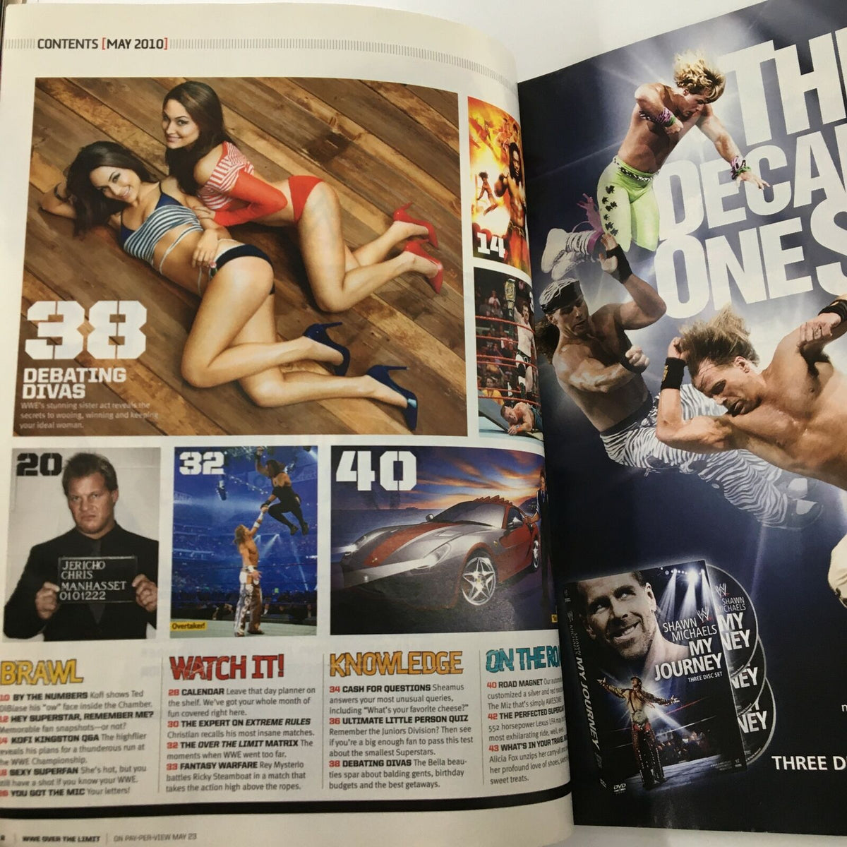 WWE Magazine May 2010 feature page showing the contents, including '38 Debating Divas', 'Watch It!', 'Knowledge', and 'On The Road', alongside images of wrestlers and a promotion for Chris Jericho.