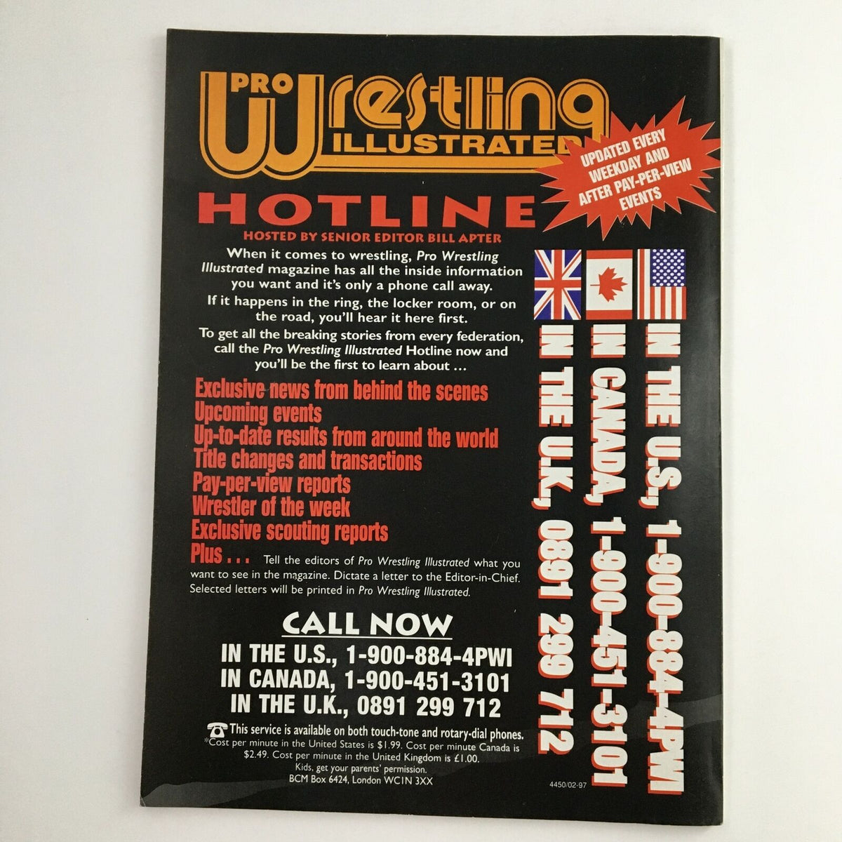 Back cover of Pro Wrestling Illustrated July 1997 issue highlighting the magazine hotline and updates, related to Steve Austin & Dallas Page.