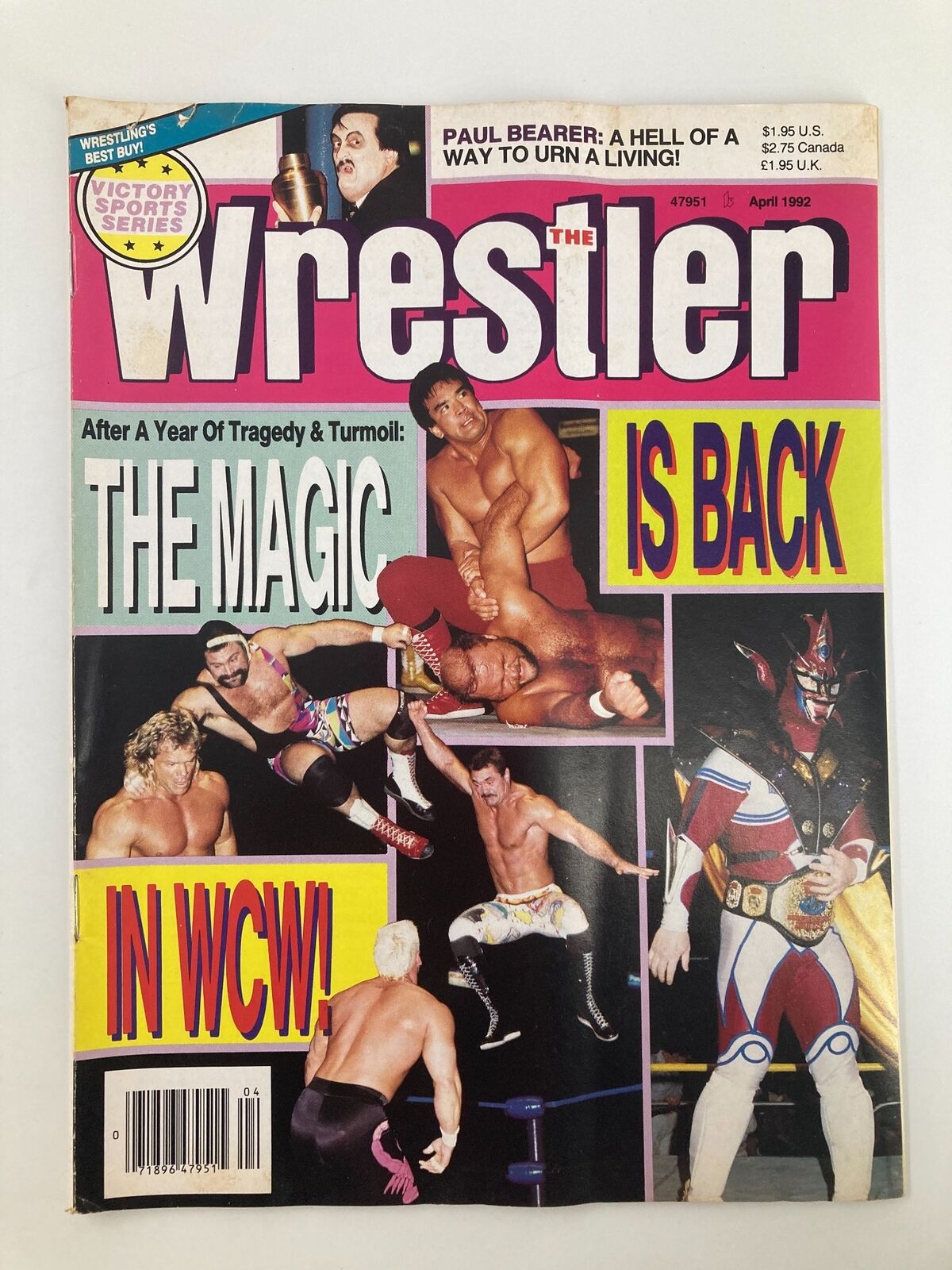 The Wrestler Magazine April 1992 cover featuring Ricky Steamboat and Ken Anderson, highlighting the return of magic in WCW. This vintage wrestling magazine showcases professional wrestling excitement from the early 90s.