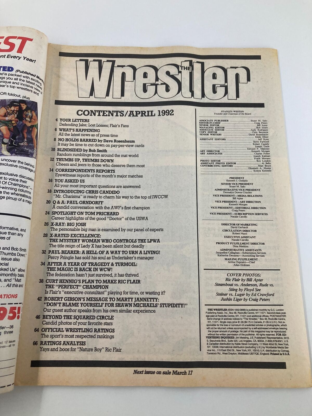 The Wrestler Magazine April 1992 content page, detailing articles and features including exclusive interviews and wrestling insights. A collector's item for fans of vintage professional wrestling.