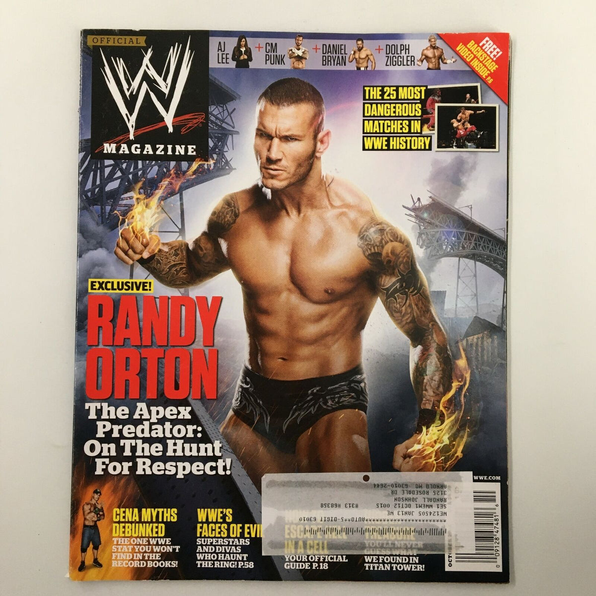 WWE Magazine October 2012 featuring Randy Orton, known as The Apex Predator, on the cover. This collectible magazine showcases Randy Orton's wrestling persona and hype.