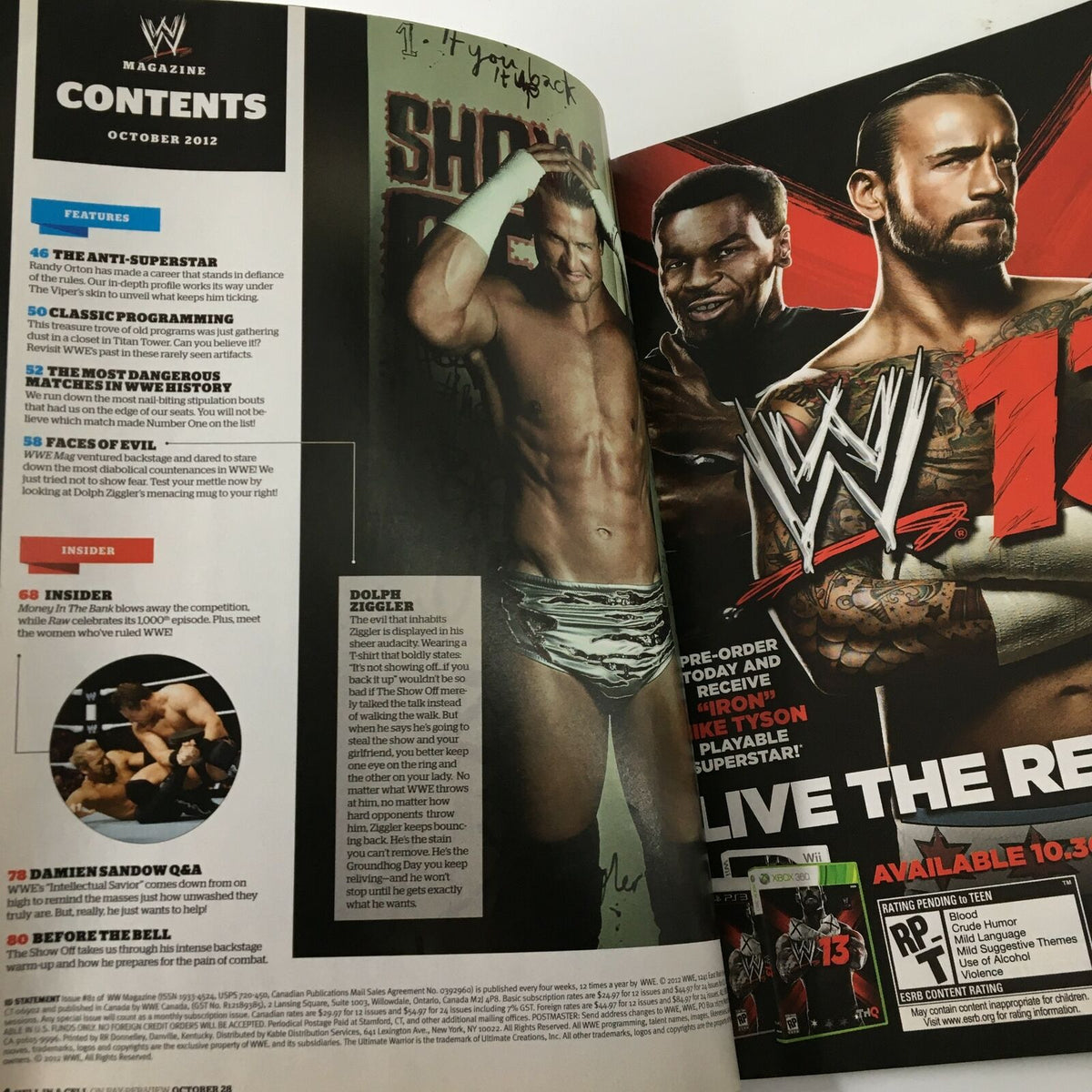 Another inside page of WWE Magazine October 2012 presenting additional contents with highlights on wrestlers like Dolph Ziggler and features from the wrestling universe.