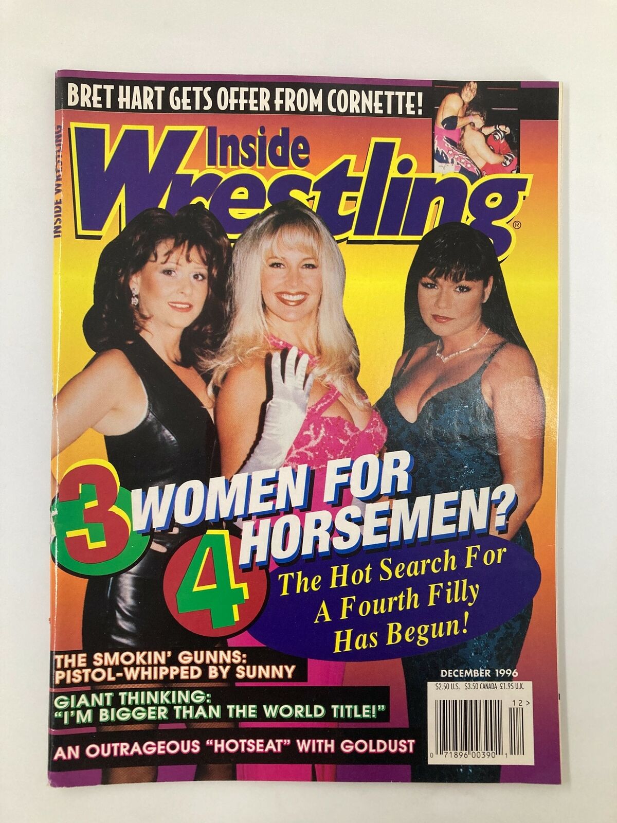 Cover of Inside Wrestling Magazine December 1996 featuring the title '3 Women For 4 Horsemen?' with three women prominently displayed, showcasing the unique wrestling culture of the time.