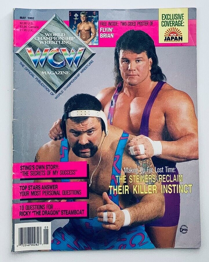 Cover of WCW Wrestling Magazine May 1992 featuring the Steiners and Ricky Steamboat, showcasing wrestling insights from the early 90s.