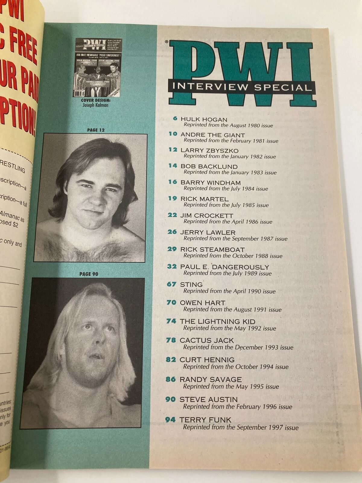 Interior page of Pro Wrestling Illustrated Winter 1998, highlighting wrestling legends HULK HOGAN, ANDRE THE GIANT, and STEVE AUSTIN with an interview special theme.