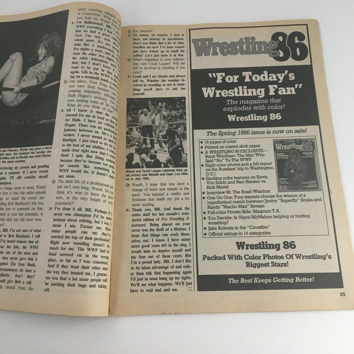 Page from The Wrestler Magazine April 1986 with wrestling-related articles and content, celebrating the sport's icons.
