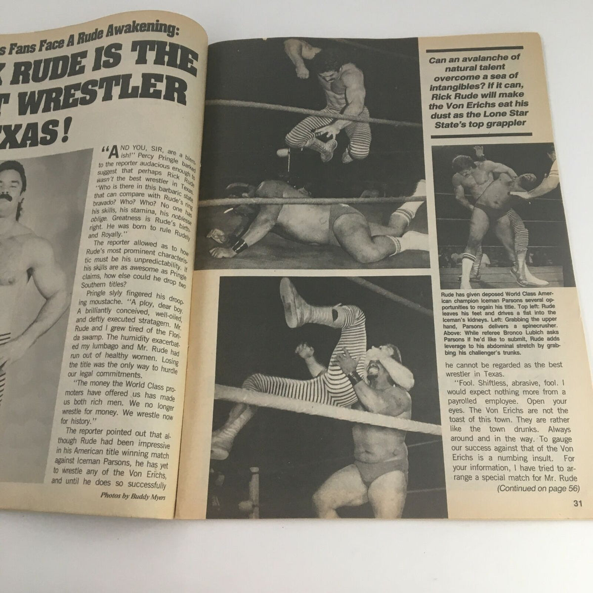 Another interior page of The Wrestler Magazine April 1986 featuring wrestling match analysis and images of wrestlers in action.