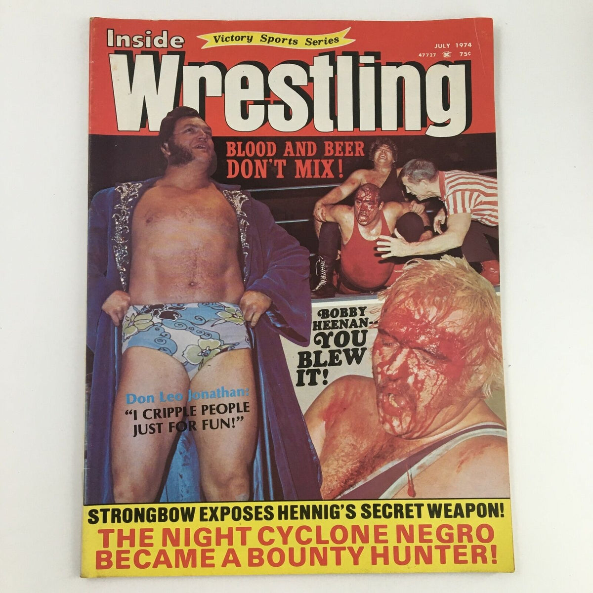 Inside Wrestling Magazine July 1974 cover featuring Don Leo Jonathan and Bobby Heenan, showcasing the headline 'Blood and Beer Don't Mix!' with dynamic wrestling imagery.