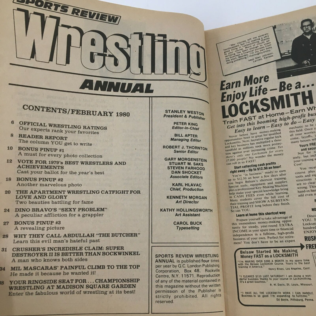 Table of contents from Sports Wrestling Magazine February 1980, detailing featured articles including Mil Mascaras' Painful Climb To The Top.