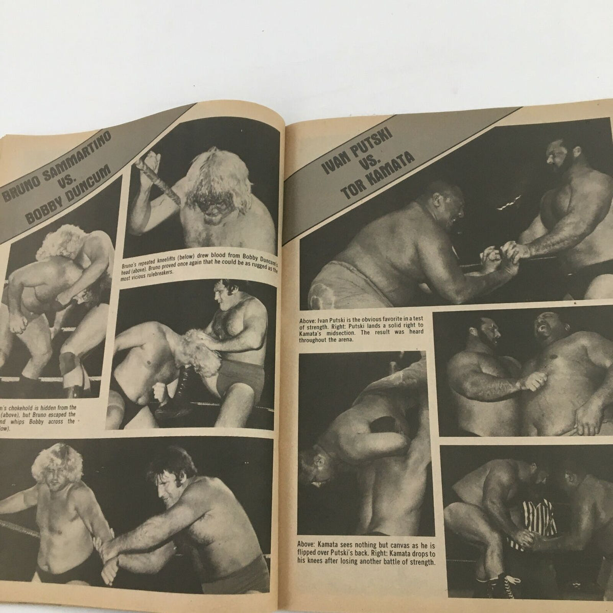Sports Wrestling Magazine February 1980 featuring a wrestling match between Bruno Sammartino and Bobby Duncum, showcasing Ivan Putski vs. Tor Kamata with powerful action shots.