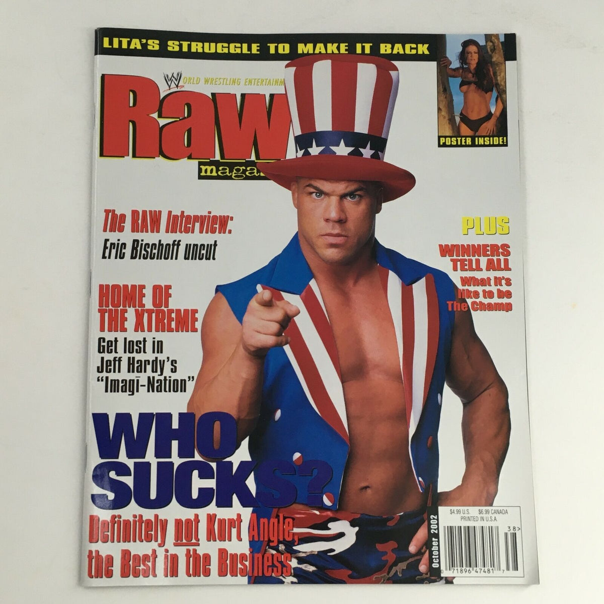 Cover of WWE Raw Magazine October 2002 featuring Kurt Angle in an Uncle Sam hat, promoting the RAW interview with Eric Bischoff and highlighting the magazine's key stories.