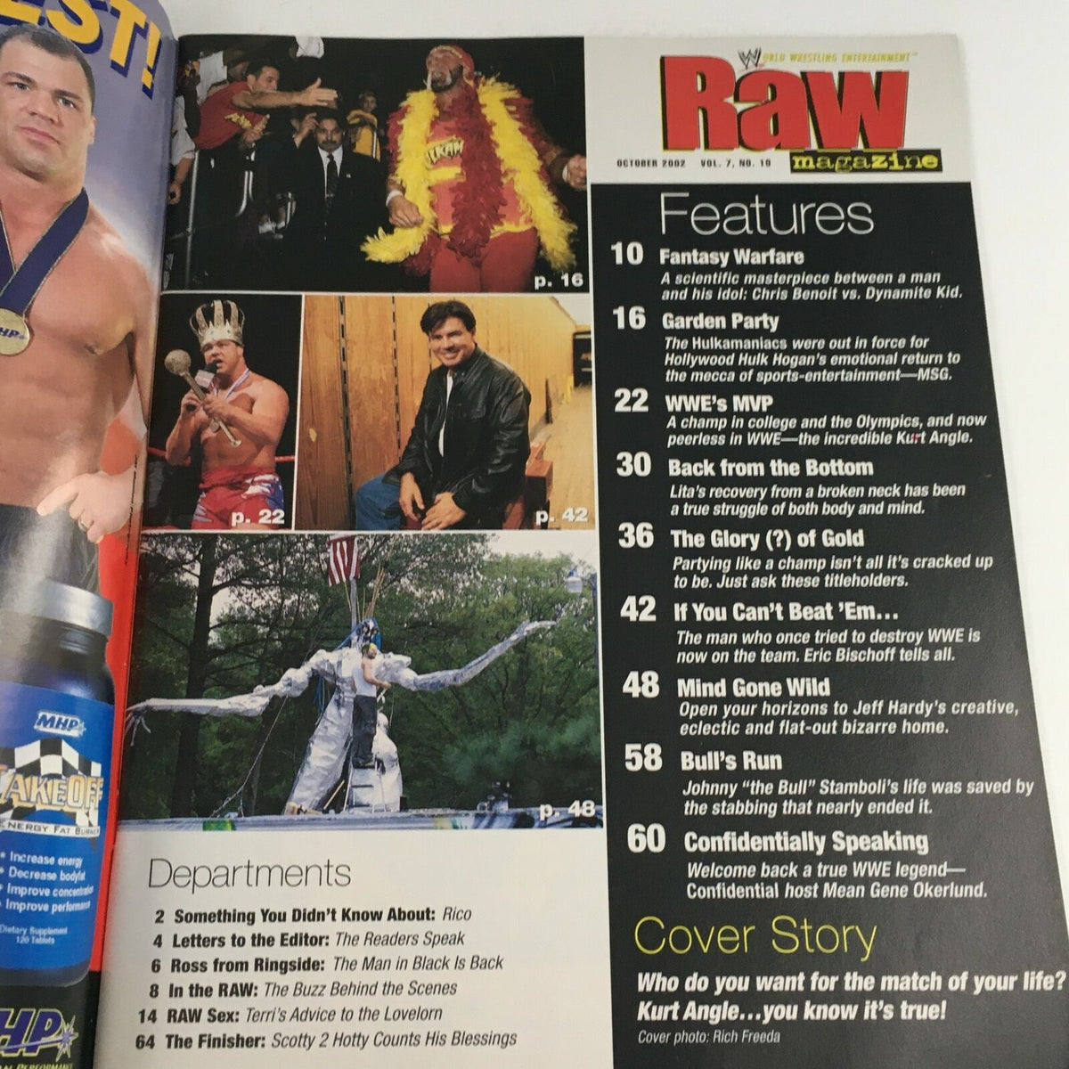 Inside page of WWE Raw Magazine October 2002 showcasing features like 'Fantasy Warfare' and 'Letters to the Editor', along with images of wrestlers, including the legendary Ric Flair.