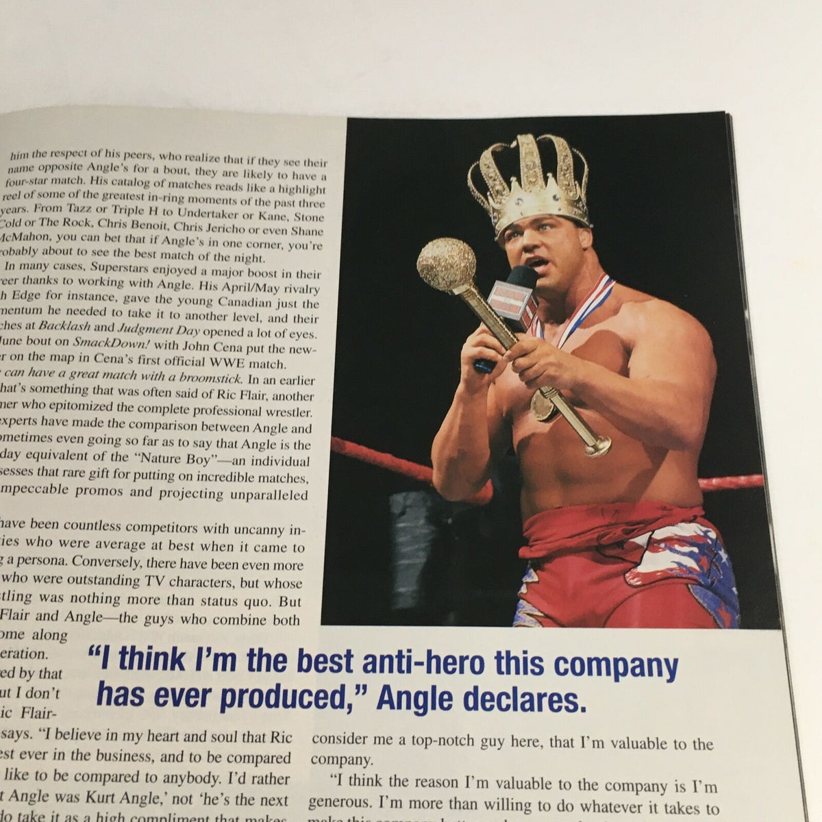 Inside page of WWE Raw Magazine October 2002 featuring Kurt Angle with a crown and holding a microphone, declaring himself the best anti-hero the company has ever produced.
