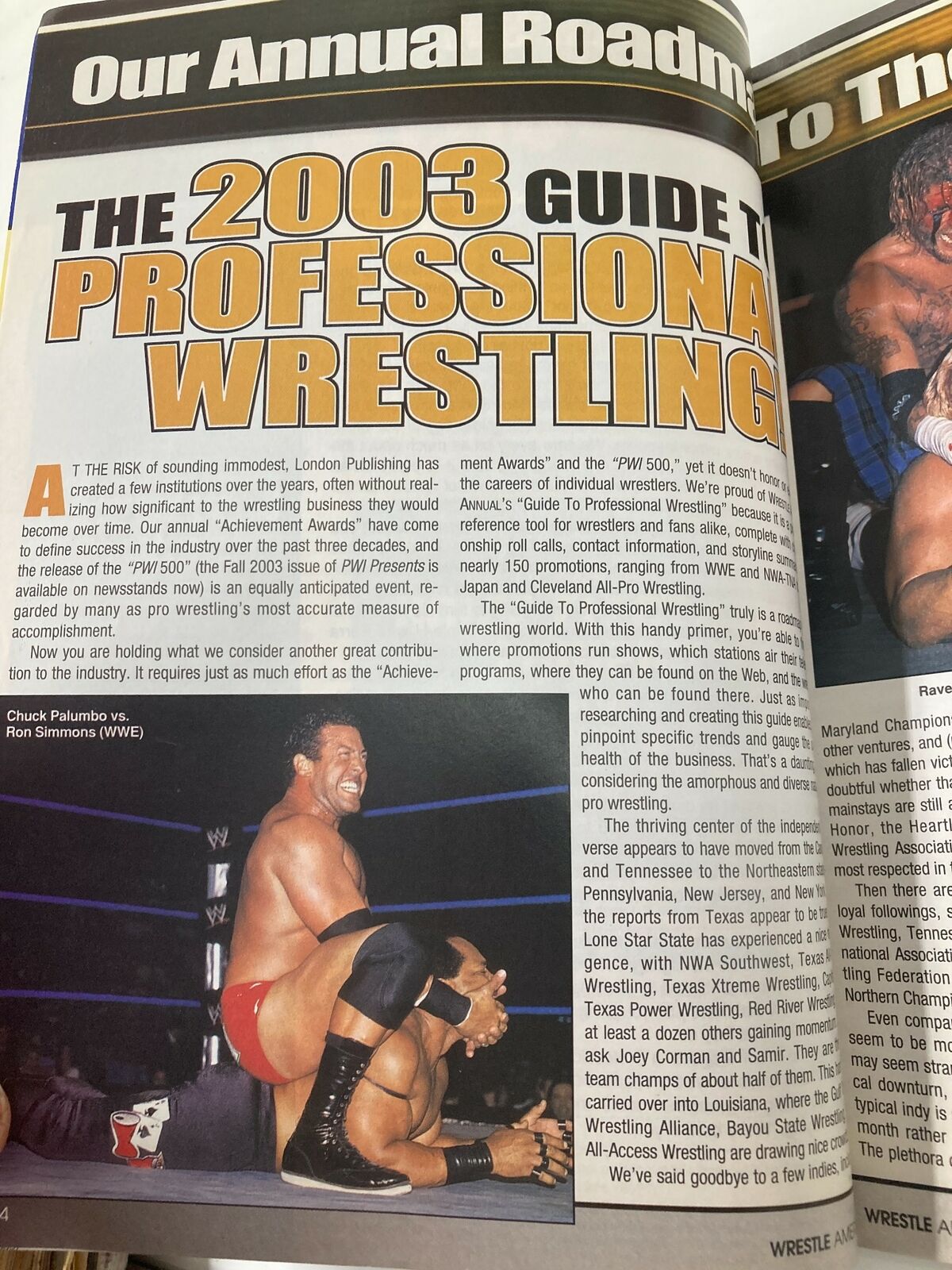 Interior page of Wrestle America Magazine 2003 detailing the 2003 guide to professional wrestling, highlighting notable events and personalities in the wrestling industry.