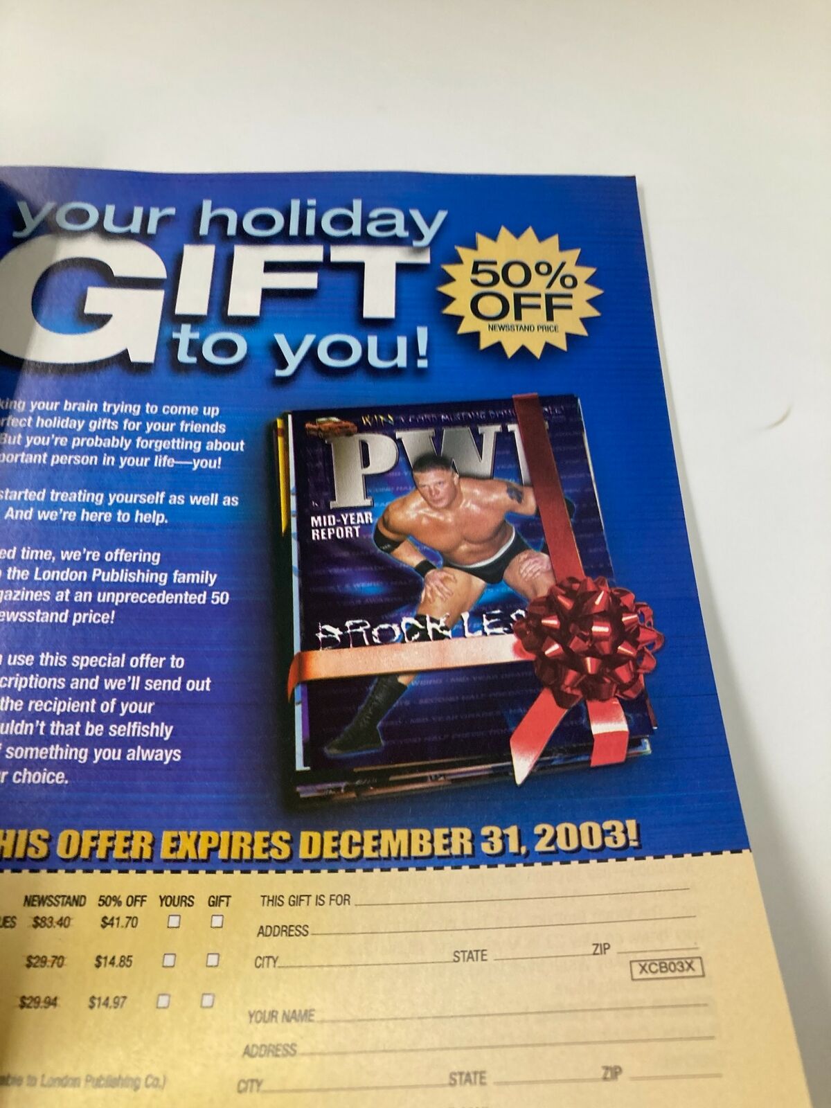 Promotional page offering discounts in wrestling magazines, from Wrestle America Magazine 2003.