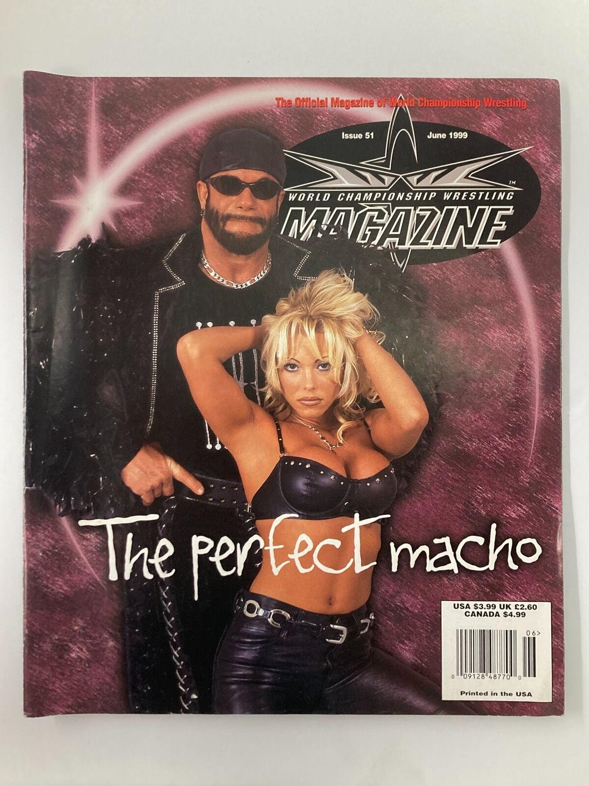 WCW Magazine Issue 51 June 1999 featuring Randy Savage and Gorgeous George on the cover, showcasing the bold title 'The perfect macho.' This collectible magazine reflects the essence of World Championship Wrestling with vibrant imagery from the late 90s.