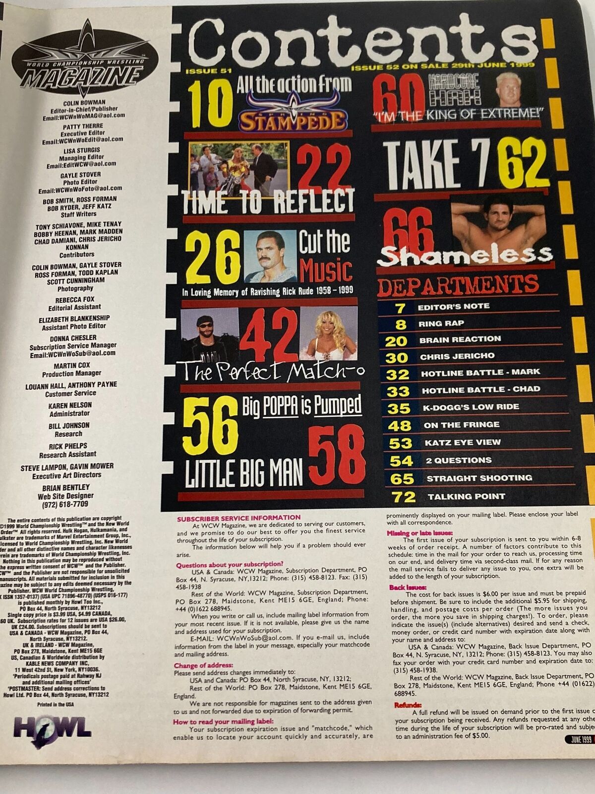 Contents page of WCW Magazine Issue 51, June 1999, featuring article highlights and wrestling events listings, includes the title 'WCW Magazine Issue 51 June 1999 Randy Savage & Gorgeous George'.