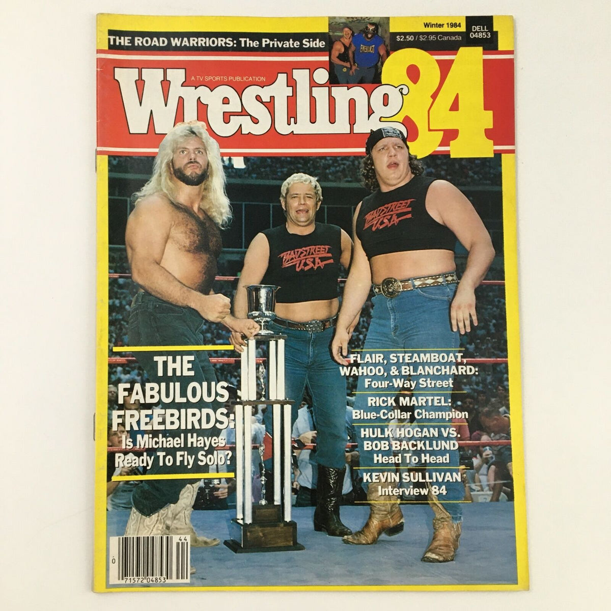Cover of Wrestling Magazine 1984 featuring Ric Flair, Michael Hayes, and Ric Steamboat, showcasing key wrestling personalities and events from that era. This vintage magazine highlights The Fabulous Freebirds and includes insights on notable matches and interviews.