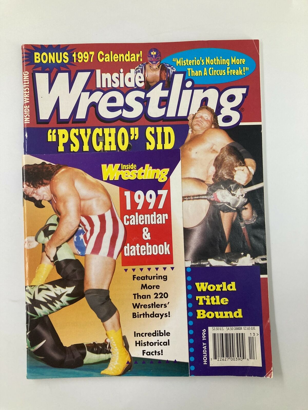 Cover of Inside Wrestling Magazine Holiday 1996 featuring 'Psycho' Sid. The magazine includes a 1997 calendar and highlights notable wrestlers from the era.