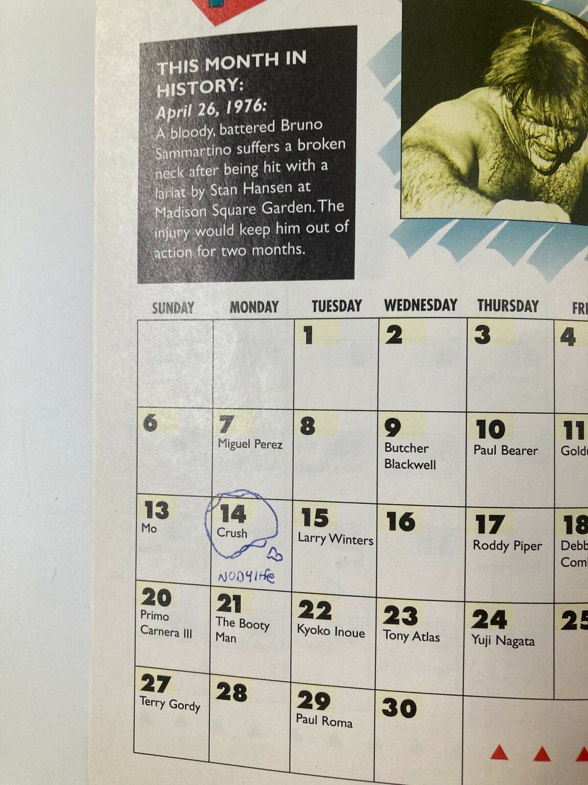 Inside Wrestling Magazine Holiday 1996 showcasing a page with a calendar dated April 1976. Highlights the notable event where Bruno Sammartino suffered an injury at Madison Square Garden.