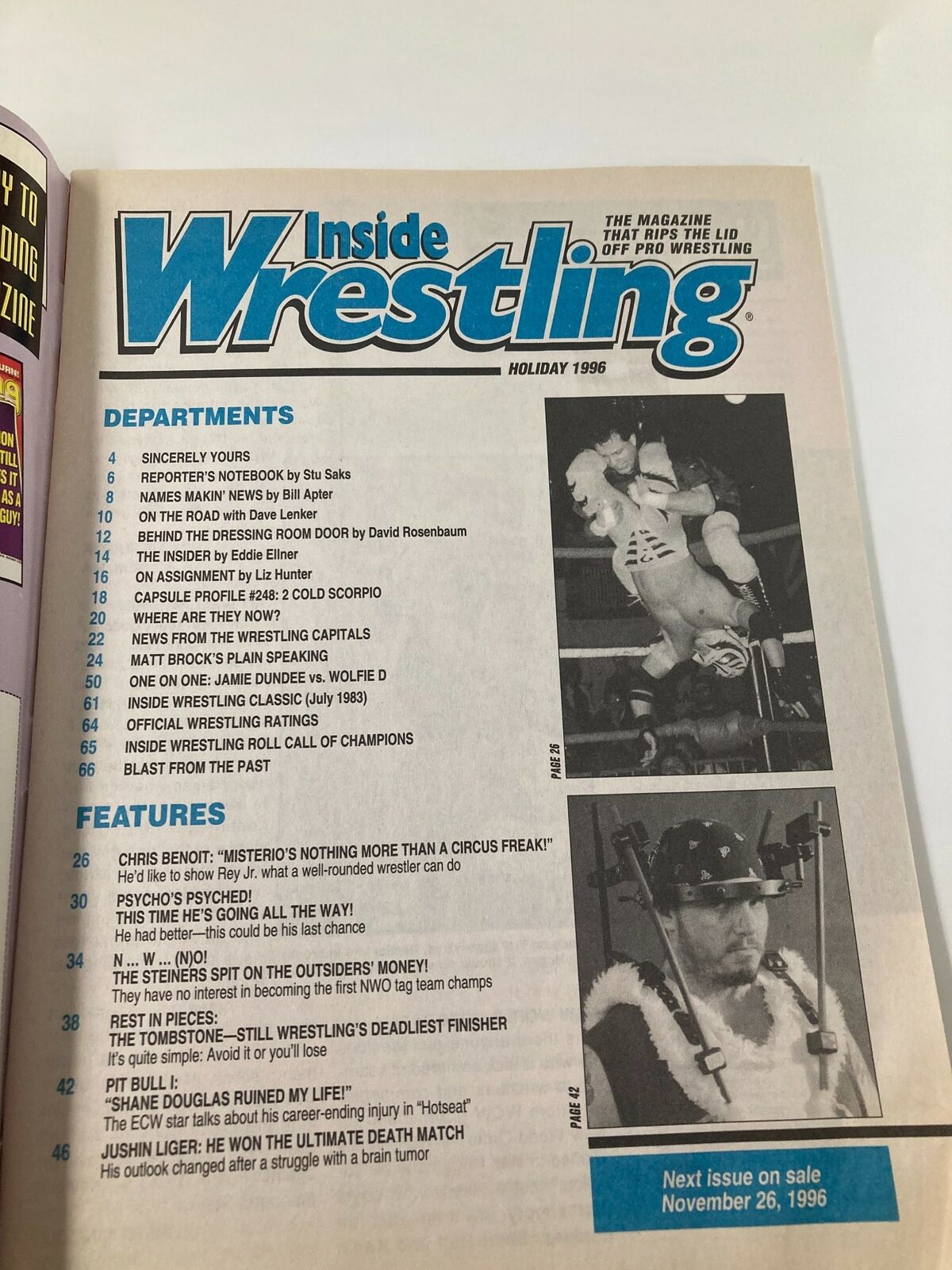 Inside Wrestling Magazine Holiday 1996 cover featuring the magazine's title and various department listings along with images, presenting inside wrestling news and features.