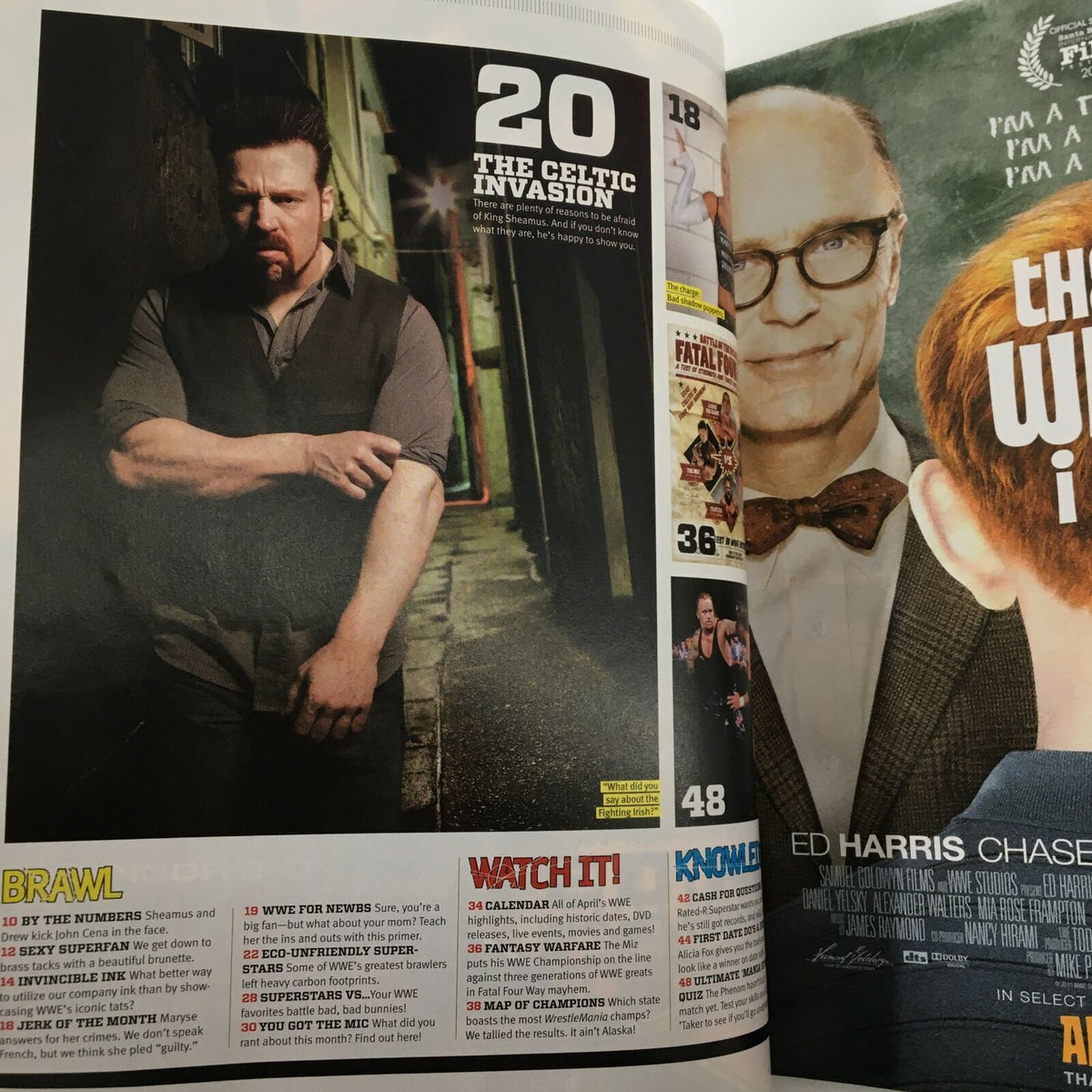 Inside page of WWE Magazine April 2011 showcasing a feature article titled 'The Celtic Invasion' along with mentions of wrestlers and wrestling events, including a promotion for upcoming segments.