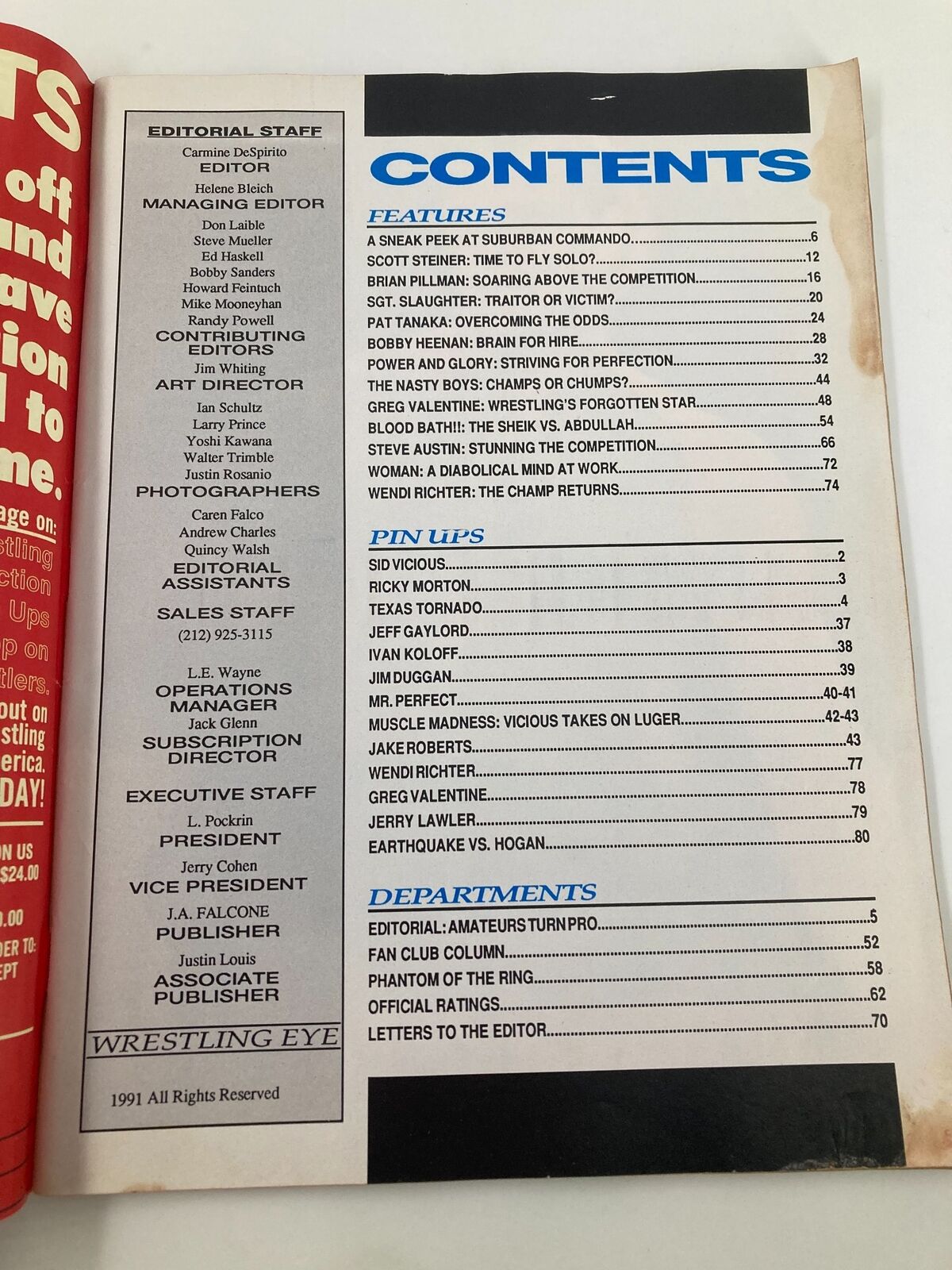 Interior page of Wrestling Eye Magazine August 1991 displaying the table of contents, highlighting features and articles related to professional wrestling.