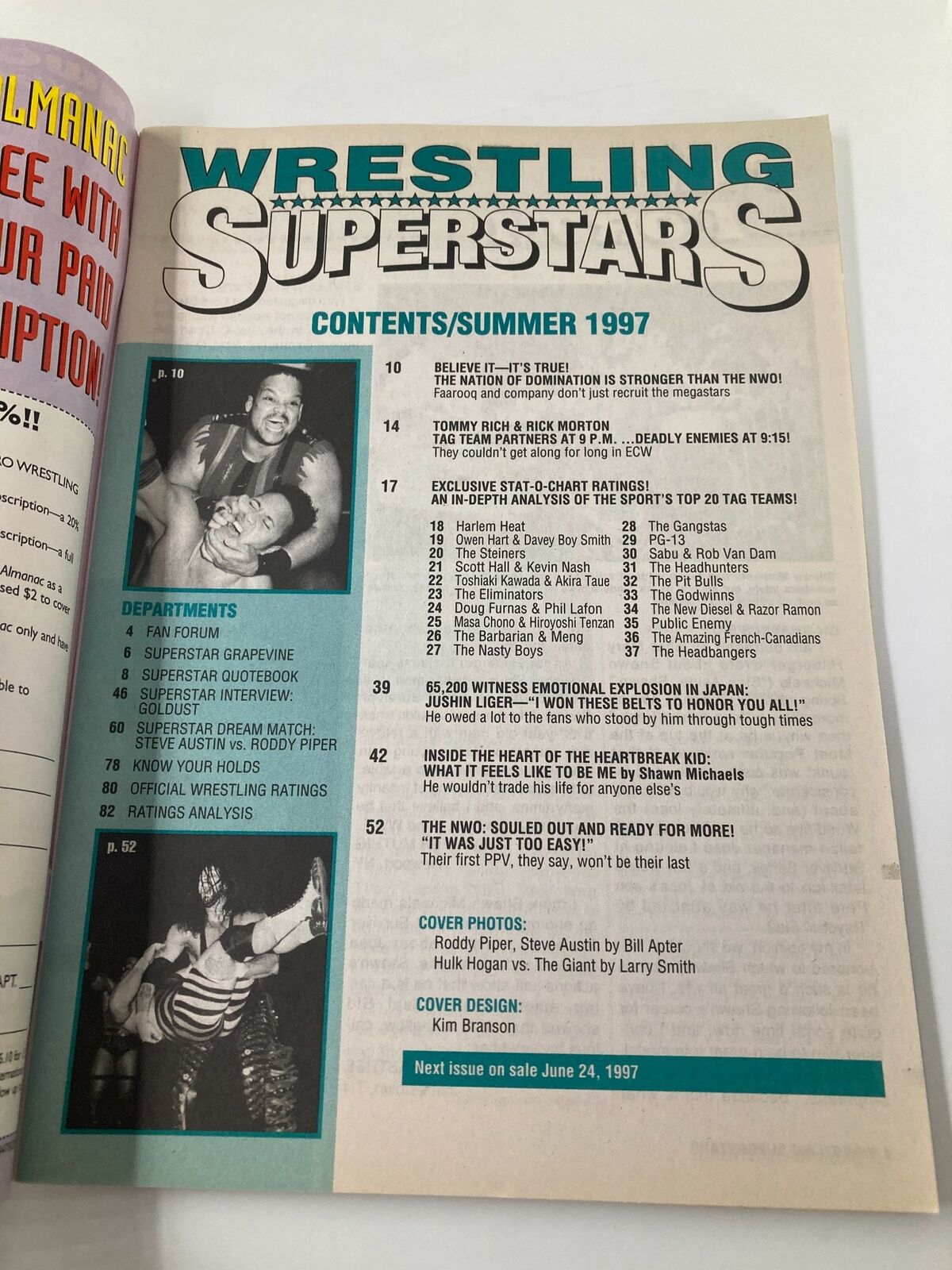 Inside page of Wrestling Superstars Summer 1997 magazine, displaying contents and features, including articles on wrestling legends and event ratings.