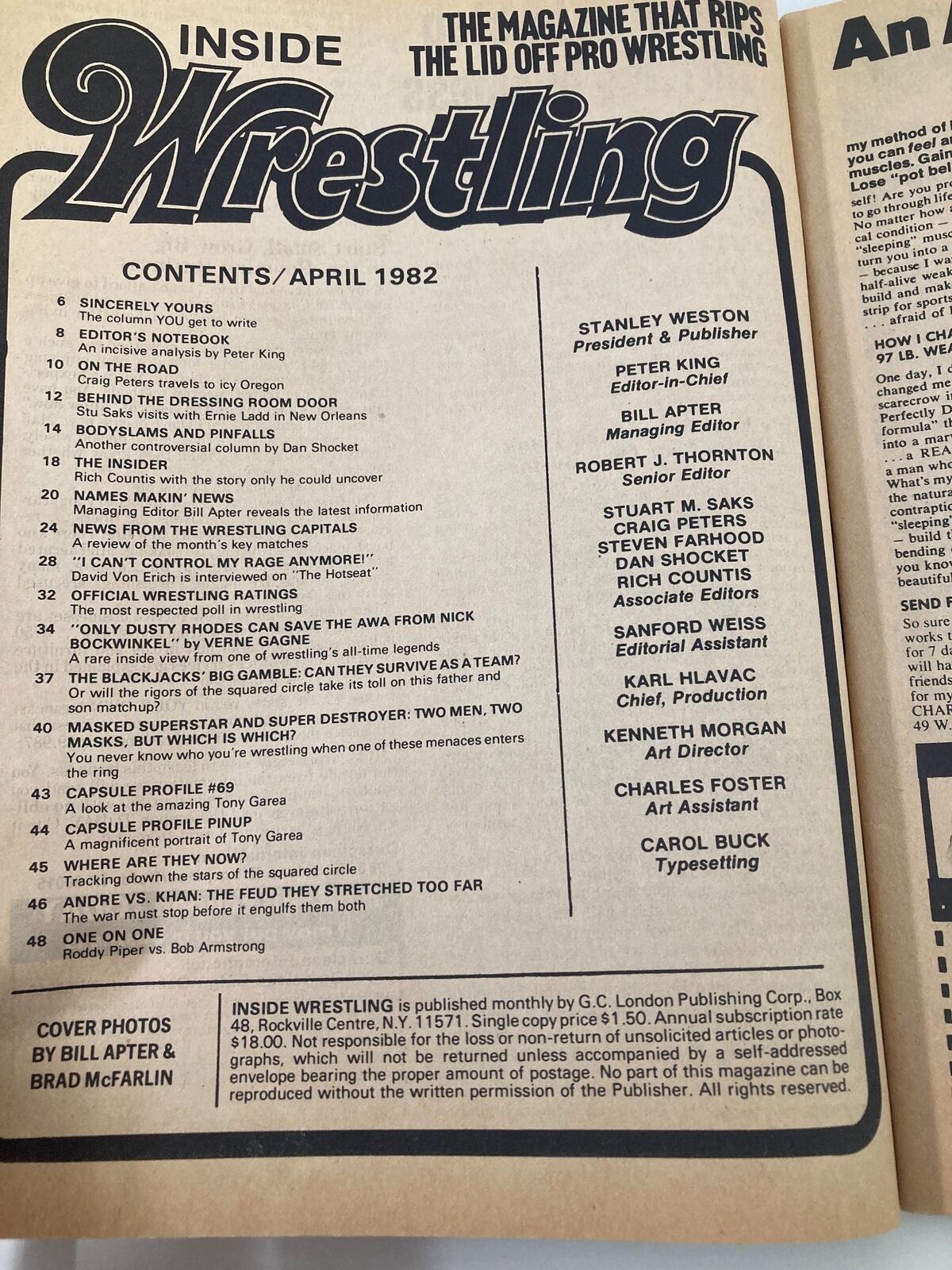 Inside contents page of VTG Inside Wrestling Magazine April 1982 listing articles and features including Dusty Rhodes and The Blackjacks.