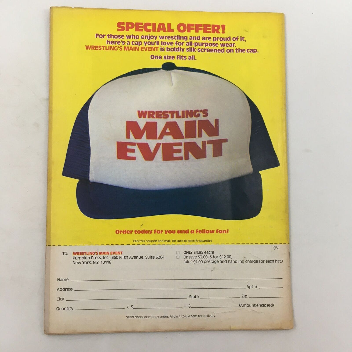 Back cover of Wrestling's Main Event Magazine October 1982, showcasing a special offer for a wrestling cap.