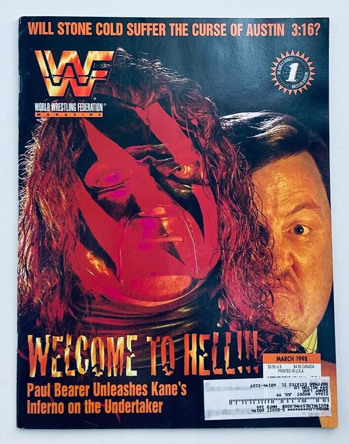 WWF World Wrestling Federation Magazine March 1998 cover featuring Paul Bearer and Kane, titled 'Welcome to Hell!!!' showcasing a dramatic clash in professional wrestling.