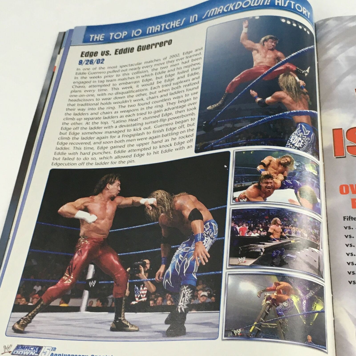 WWE Smack Down Magazine November 2004 featuring Edge vs. Eddie Guerrero in top matches history. Action-packed wrestling scene showcasing dramatic moments and athleticism.