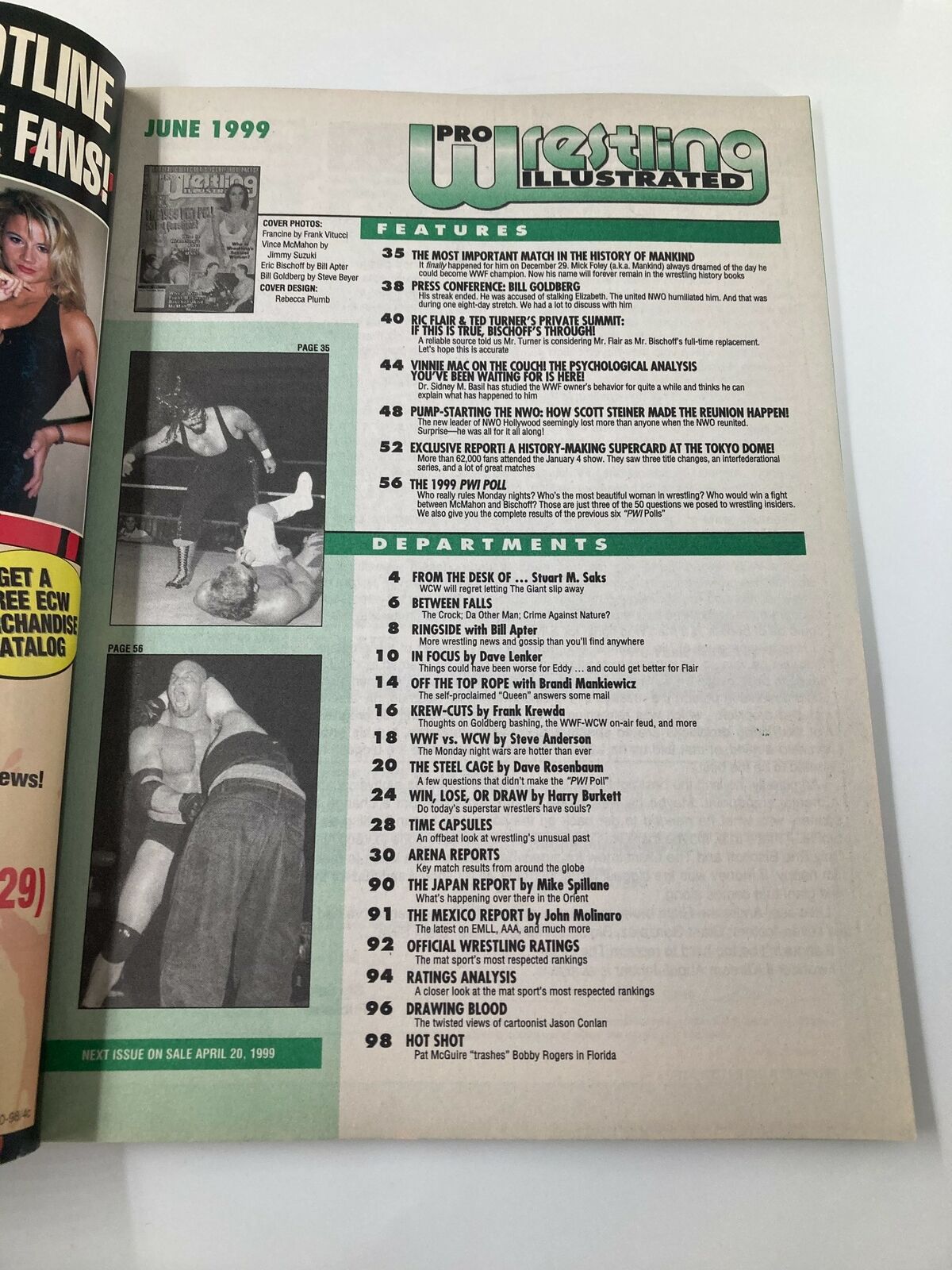 Inside page of Pro Wrestling Illustrated Magazine June 1999 showcasing features and departments, including interviews and wrestling match insights.