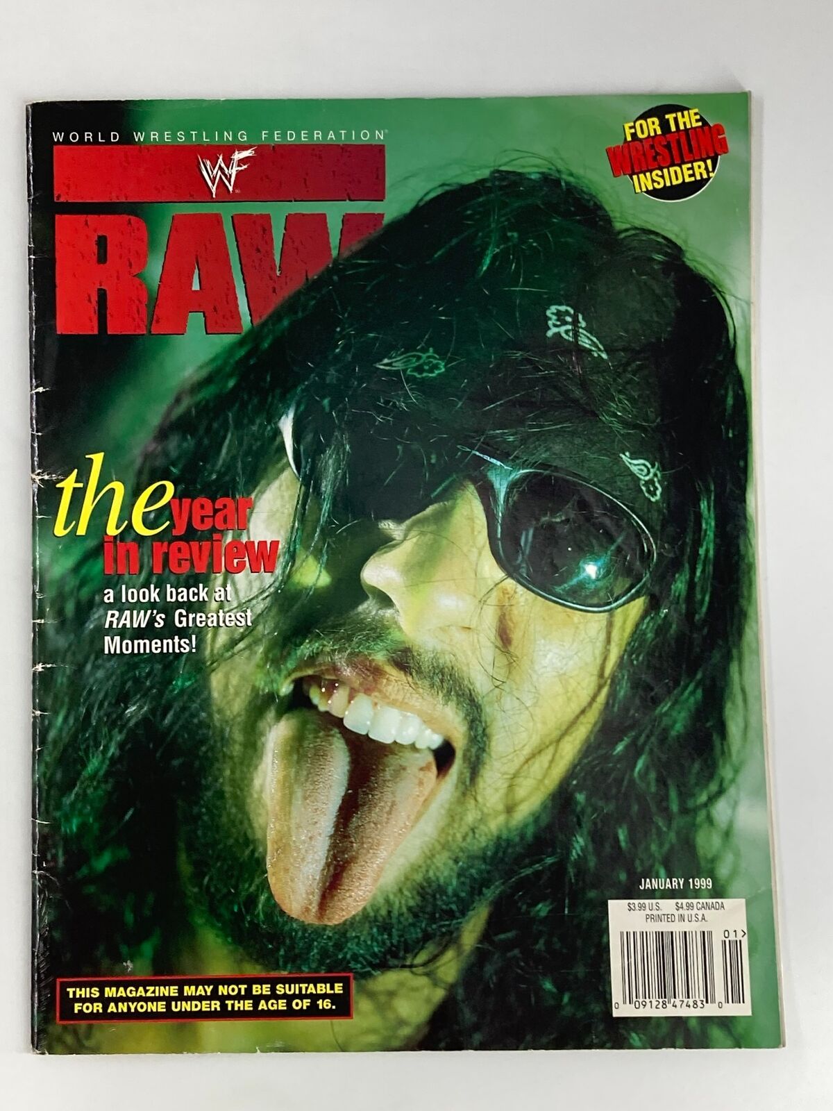 Cover of WWF Raw Magazine January 1999 featuring The Brood's Lifestyle, showcasing bold graphics and vibrant colors with text reading 'the year in review' and a striking image of a wrestler sticking out his tongue with sunglasses. The magazine includes a warning about suitability for readers under 16.